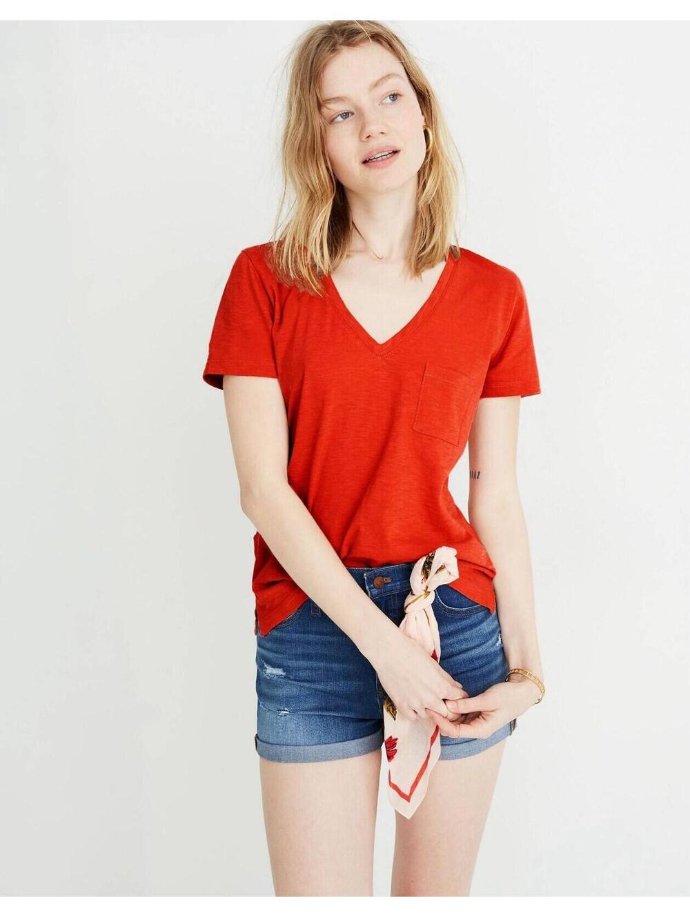 MADEWELL Whisper Cotton V-Neck Pocket Tee in Spiced Cinnamon-Size X-Small